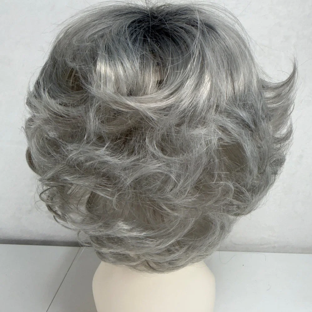 Short Wavy Wig Silver Grey Ombre Layered Synthetic Sophisticated Classy Comfort